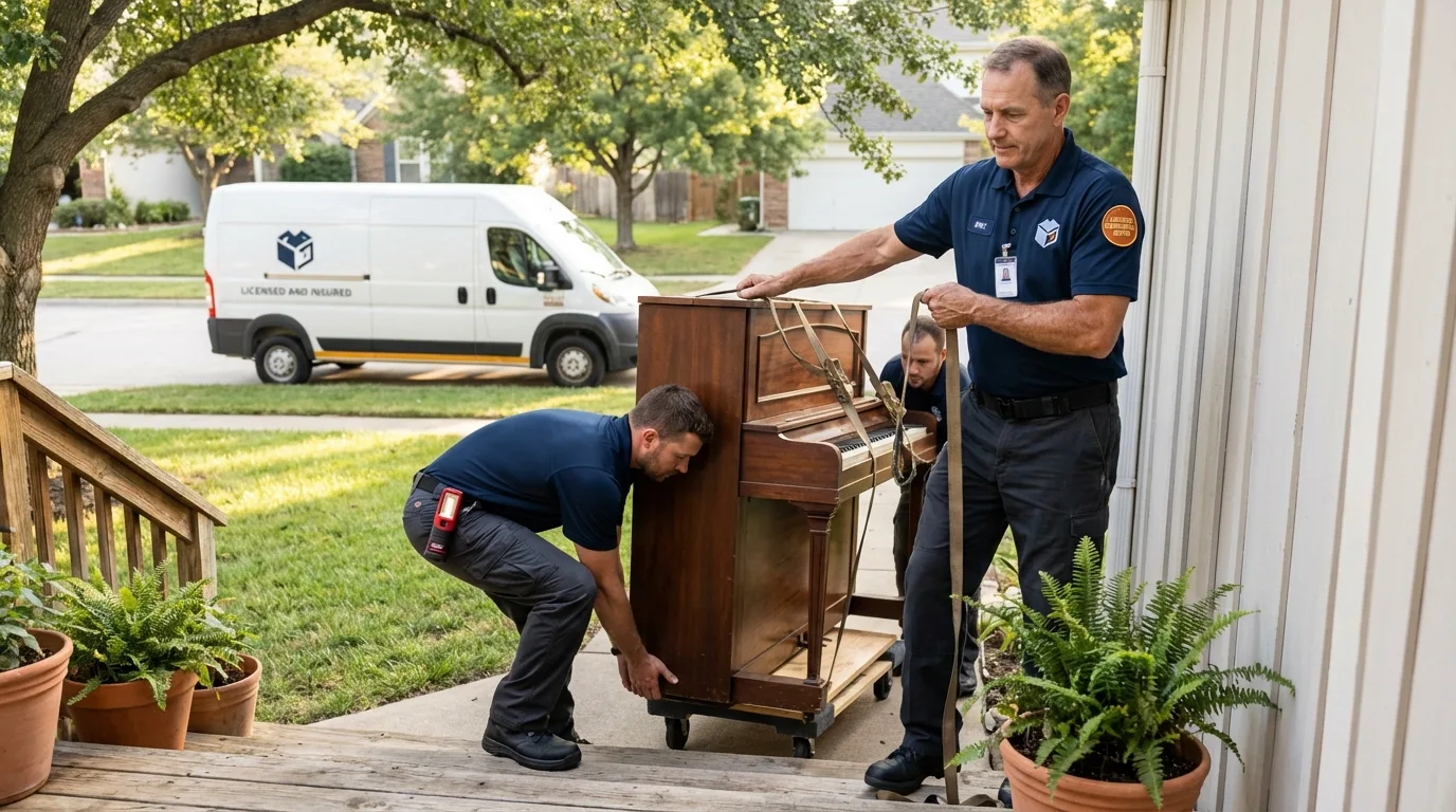 Licensed piano movers securing grand piano in Nome, AK